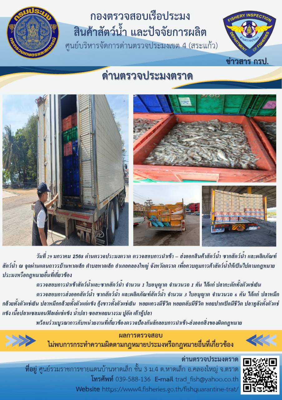 ผลการปฏิบัติงานของด่านตรวจประมงตราด ประจำวันที่ 9 มกราคม 2568..คลิก