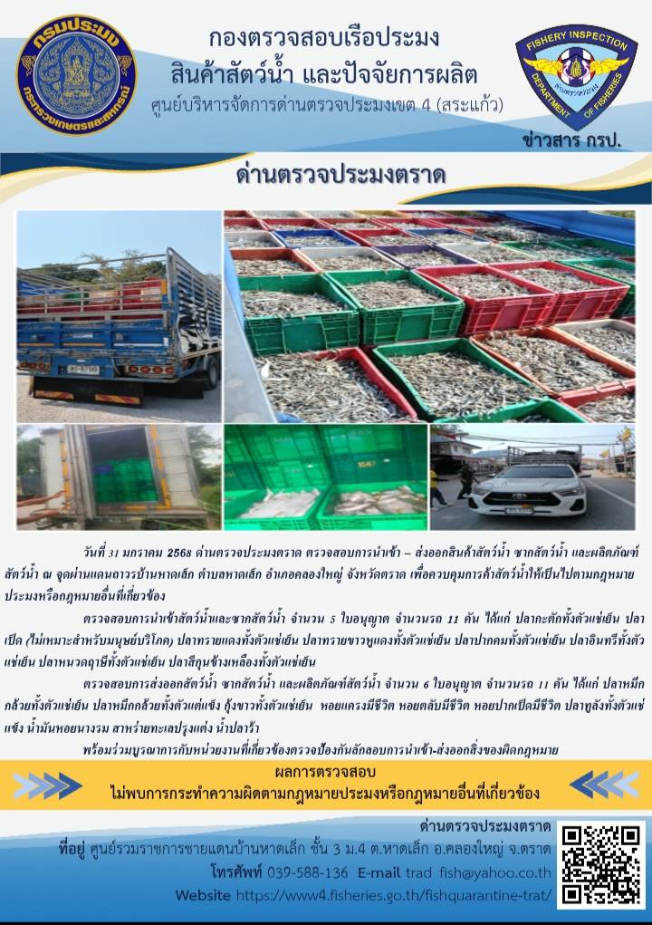 ผลการปฏิบัติงานของด่านตรวจประมงตราด ประจำวันที่ 31 มกราคม 2568 