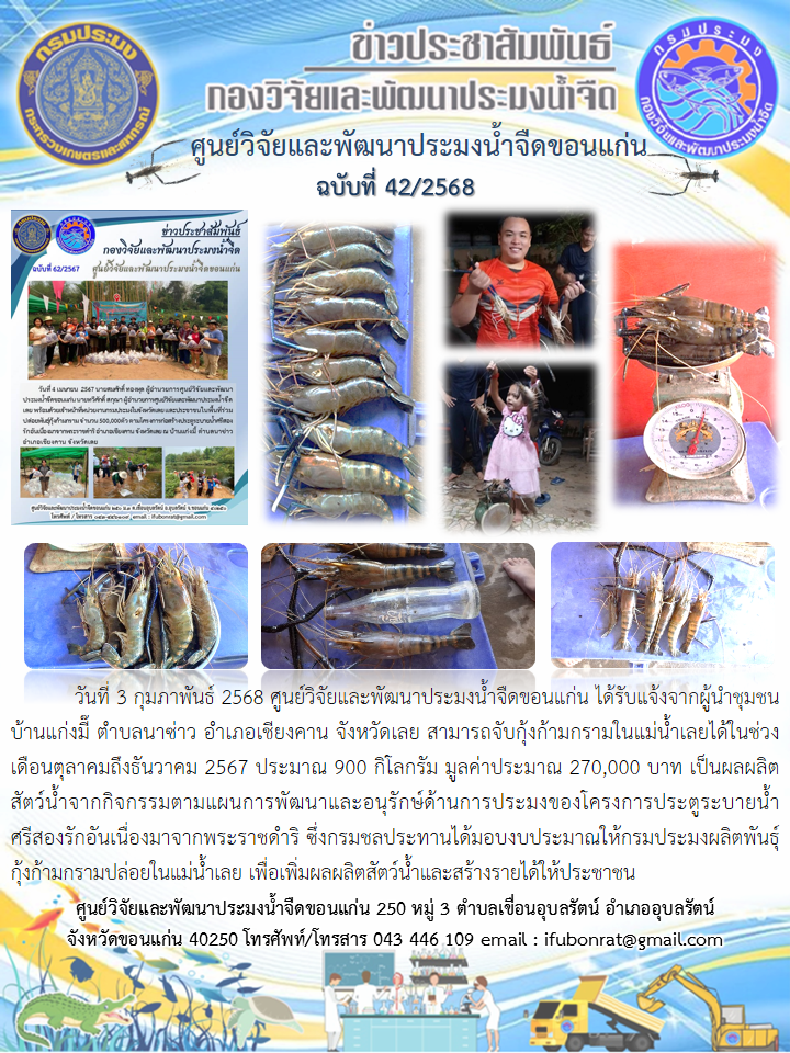 ผลผลิตสัตว์น้ำจากกิจกรรมตามแผนการพัฒนาและอนุรักษ์ด้านการประมงของโครงการประตูระบายน้ำศรีสองรักอันเนื่องมาจากพระราชดำริ จังหวัดเลย..คลิก