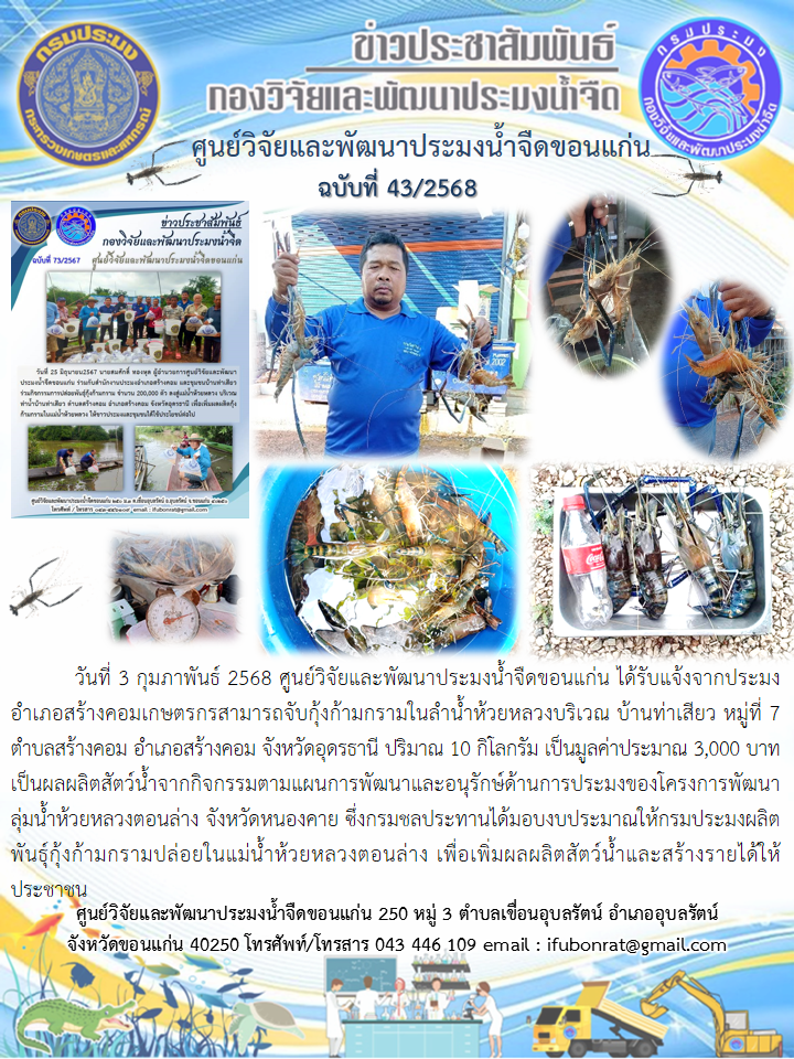 ผลผลิตสัตว์น้ำจากกิจกรรมตามแผนการพัฒนาและอนุรักษ์ด้านการประมงของโครงการพัฒนาลุ่มน้ำห้วยหลวงตอนล่าง จังหวัดหนองคาย 