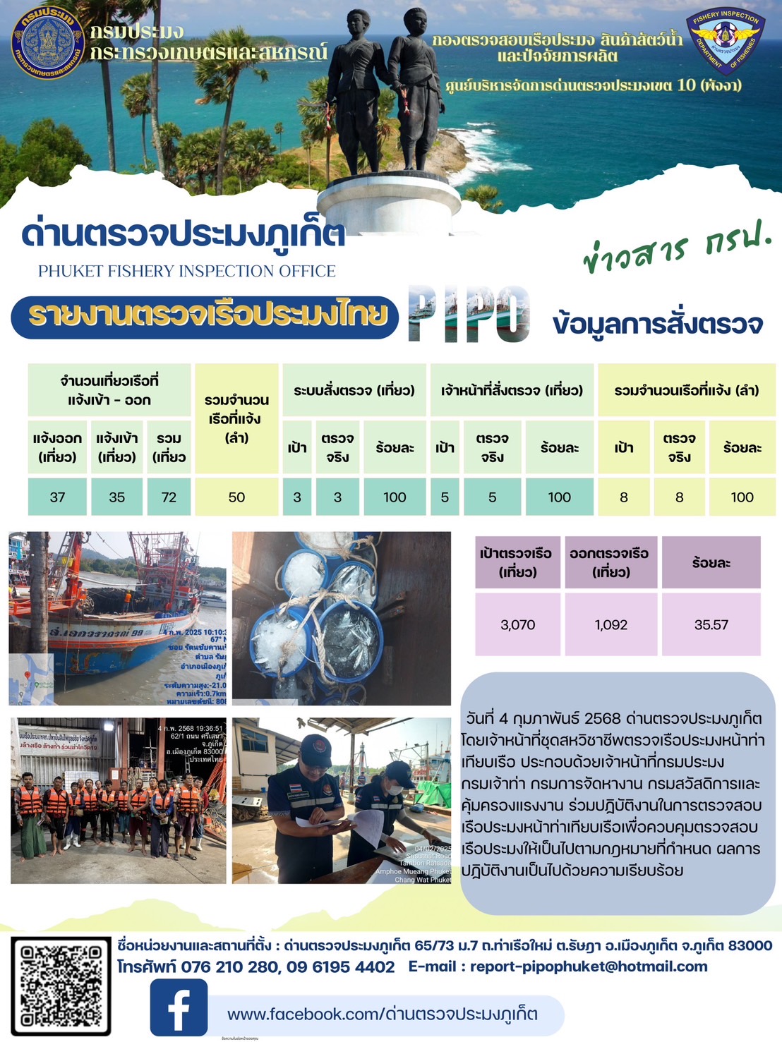 ข่าวประชาสัมพันธ์กิจกรรมการตรวจเรือประมงพาณิชย์แจ้งเข้า - ออก วันที่ 4 กุมภาพันธ์ 2568..คลิก