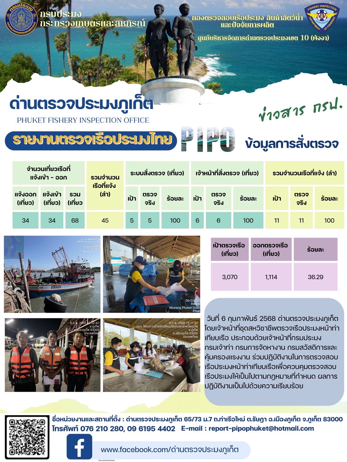 ข่าวประชาสัมพันธ์กิจกรรมการตรวจเรือประมงพาณิชย์แจ้งเข้า - ออก วันที่ 6 กุมภาพันธ์ 2568   ..คลิก