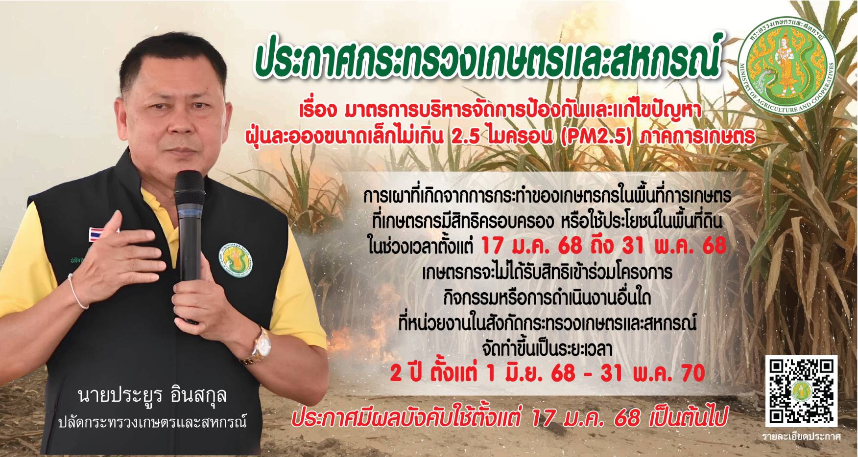 ประกาศกระทรวงเกษตรและสหกรณ์ เรื่อง มาตรการบริหารจัดการป้องกันและแก้ไขปัญหาฝุ่นละอองขนาดเล็กไม่เกิน 2.5 ไมครอน(PM2.5) ภาคการเกษตร
