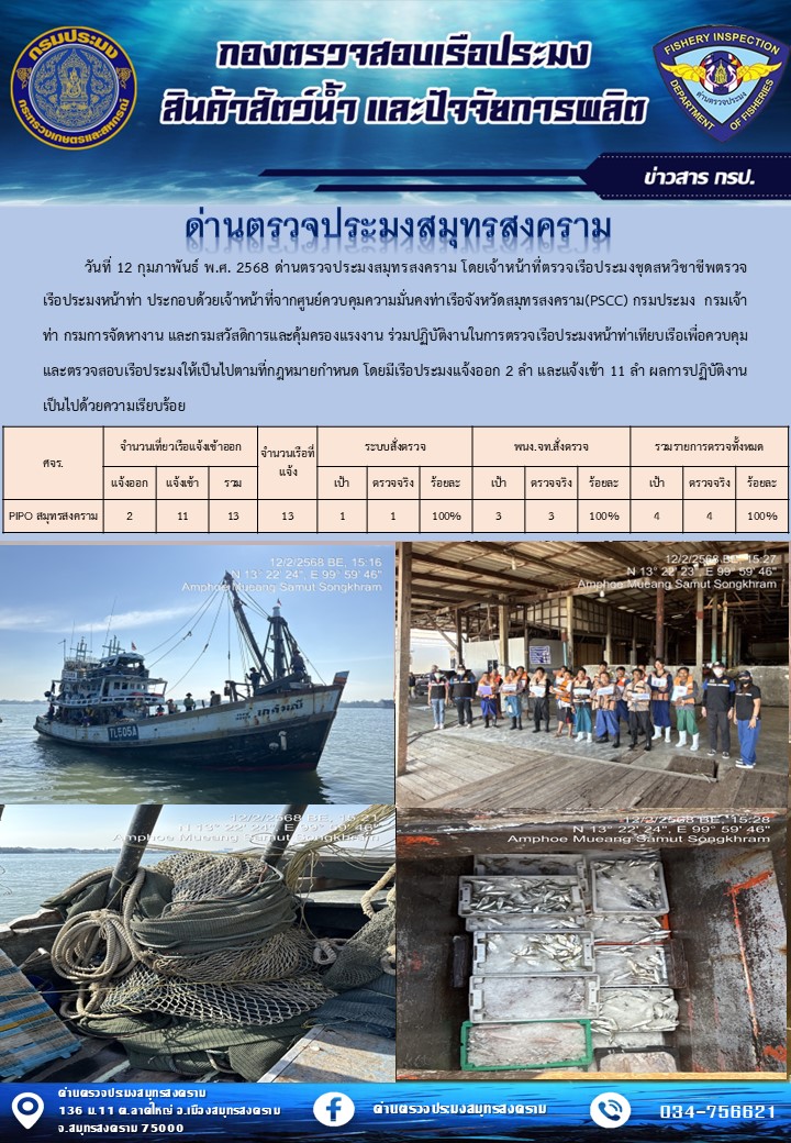 สถิติการแจ้งเข้า - ออกเรือประมงพาณิชย์ ด่านตรวจประมงสมุทรสงคราม ประจำวันที่ 12 กุมภาพันธ์ 2568..คลิก
