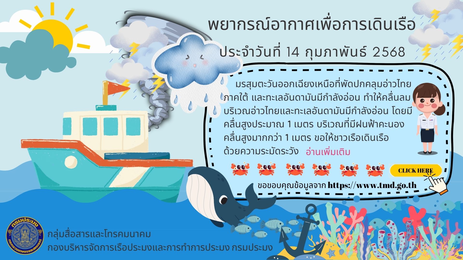 พยากรณ์อากาศเพื่อการเดินเรือ ประจำวันที่ 14 กุมภาพันธ์ 2568