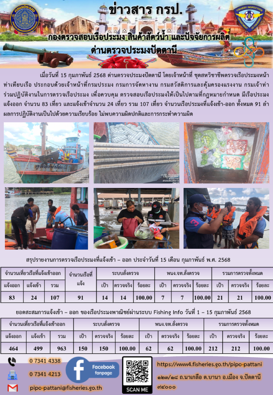 ข่าวสารการปฏิบัติงาน ด่านตรวจประมงปัตตานี วันที่ 15 กุมภาพันธ์ 2568..คลิก