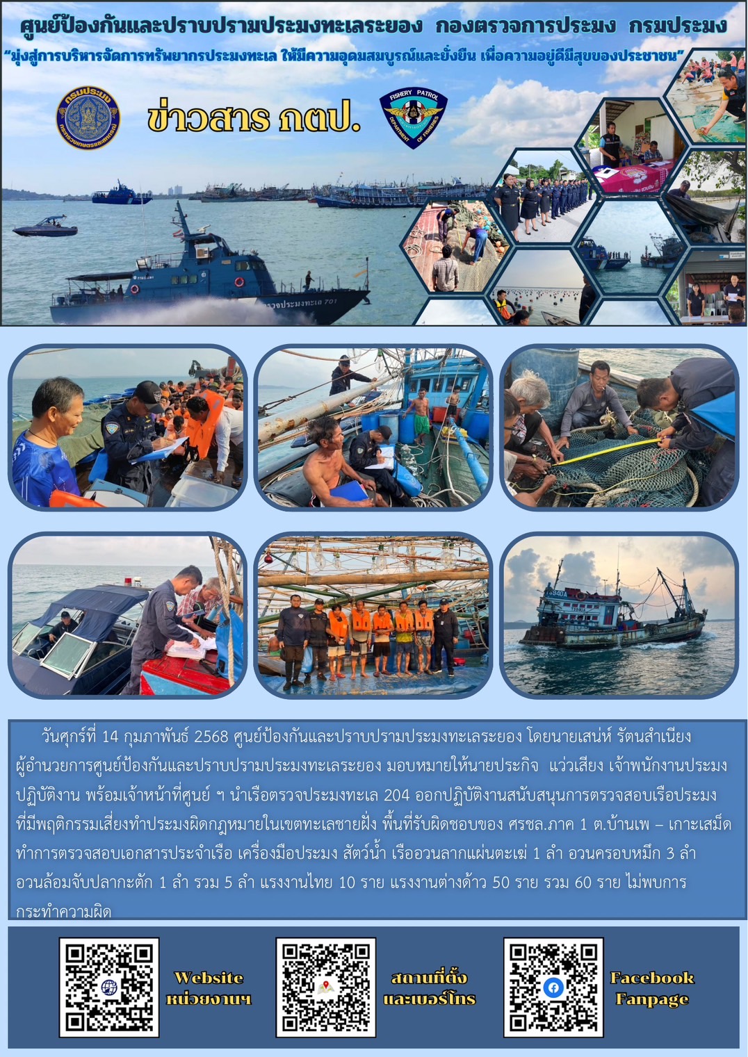 ออกปฏิบัติงานสนับสนุนการตรวจสอบเรือประมงที่มีพฤติกรรมเสี่ยงทำประมงผิดกฎหมายในเขตทะเลชายฝั่ง พื้นที่รับผิดชอบของ ศรชล.ภาค 1 ต.บ้านเพ - เกาะเสม็ด