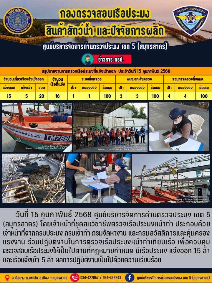 รายงานการตรวจเรือประมงที่แจ้งเข้าออกประจำวันที่ 15 กุมภาพันธ์ 2568..คลิก