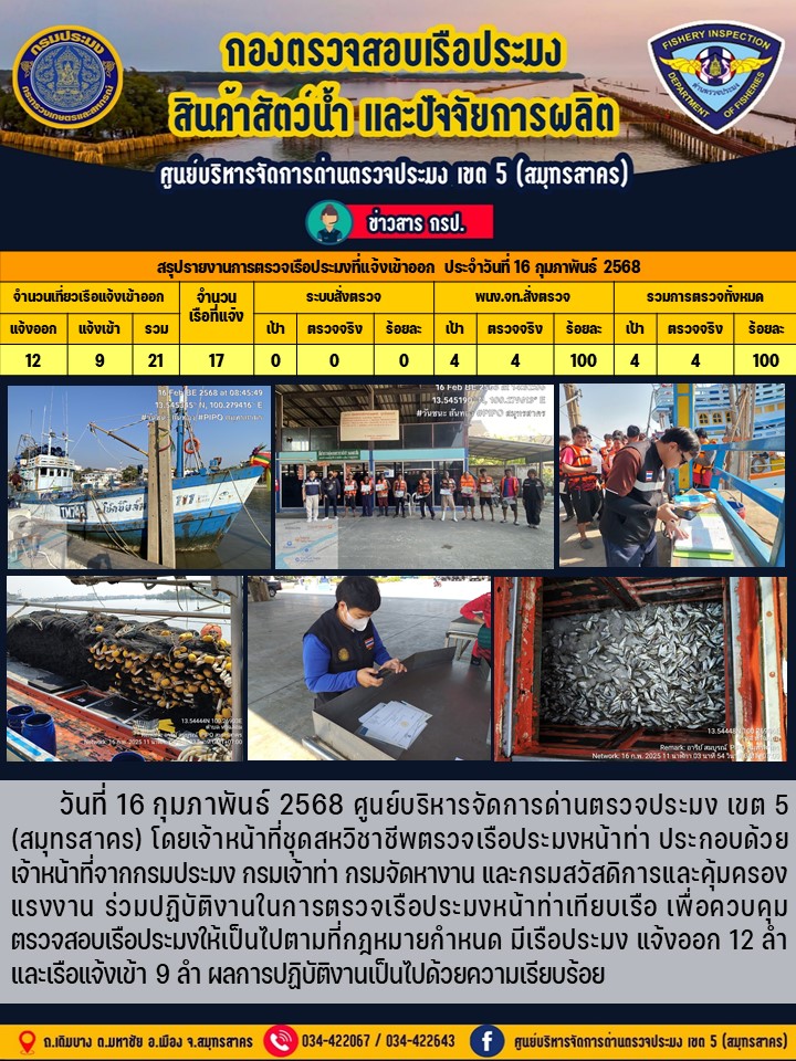 รายงานการตรวจเรือประมงที่แจ้งเข้าออกประจำวันที่ 16 กุมภาพันธ์ 2568..คลิก
