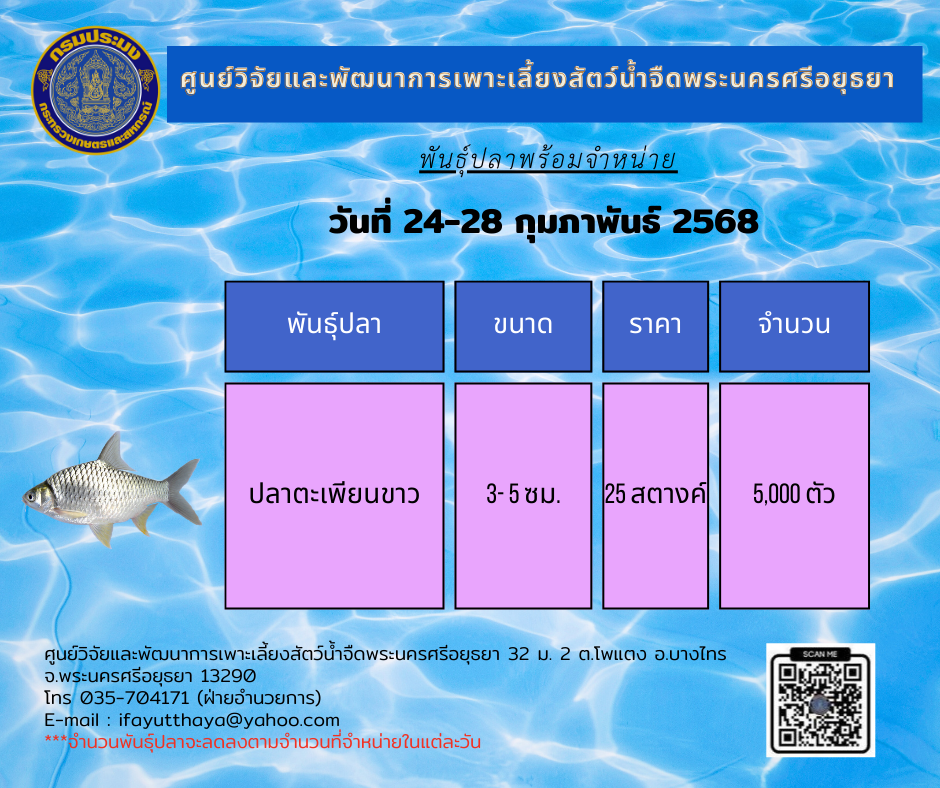 ชนิดพันธุ์สัตว์น้ำพร้อมจำหน่าย 24-28 กุมภาพันธ์ 2568 ศพจ.พระนครศรีอยุธยา