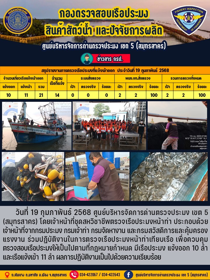 รายงานการตรวจเรือประมงที่แจ้งเข้าออกประจำวันที่ 19 กุมภาพันธ์ 2568..คลิก
