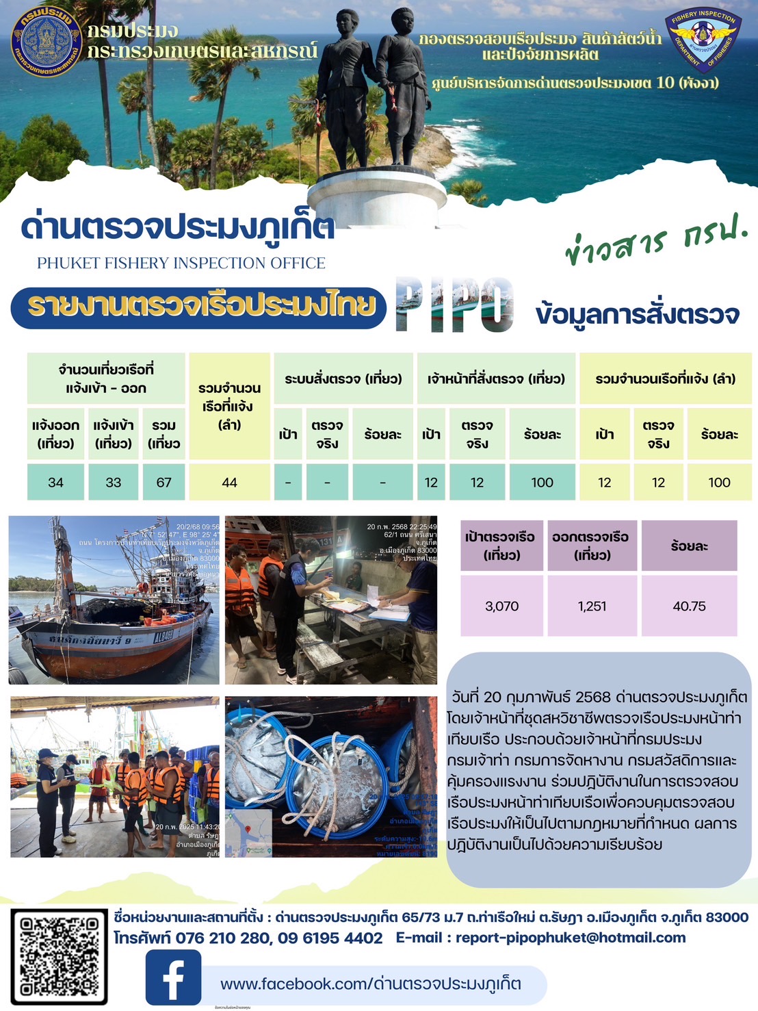 ข่าวประชาสัมพันธ์กิจกรรมการตรวจเรือประมงพาณิชย์แจ้งเข้า - ออก วันที่ 20 กุมภาพันธ์ 2568..คลิก
