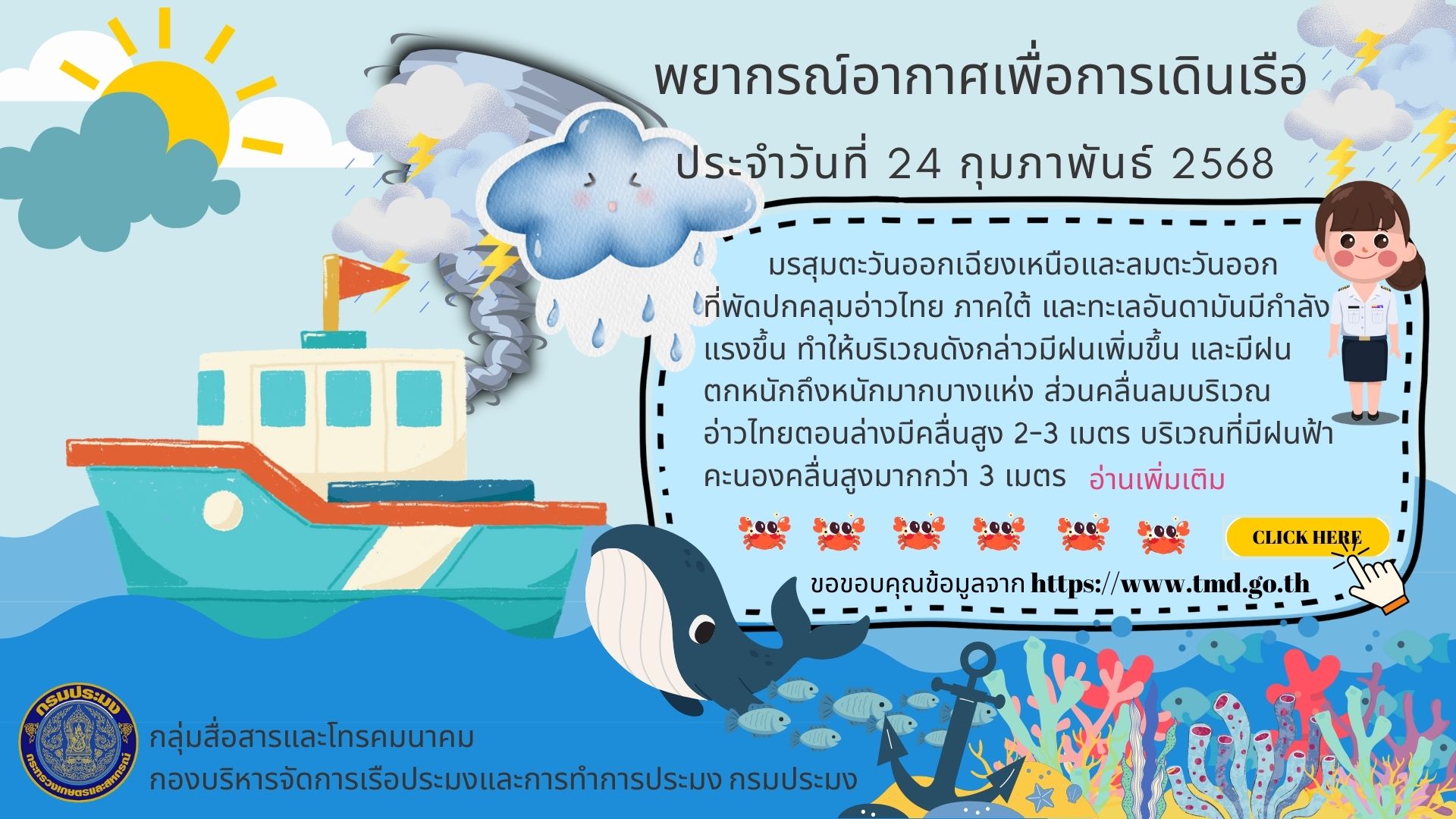 พยากรณ์อากาศเพื่อการเดินเรือ ประจำวันที่ 24 กุมภาพันธ์ 2568