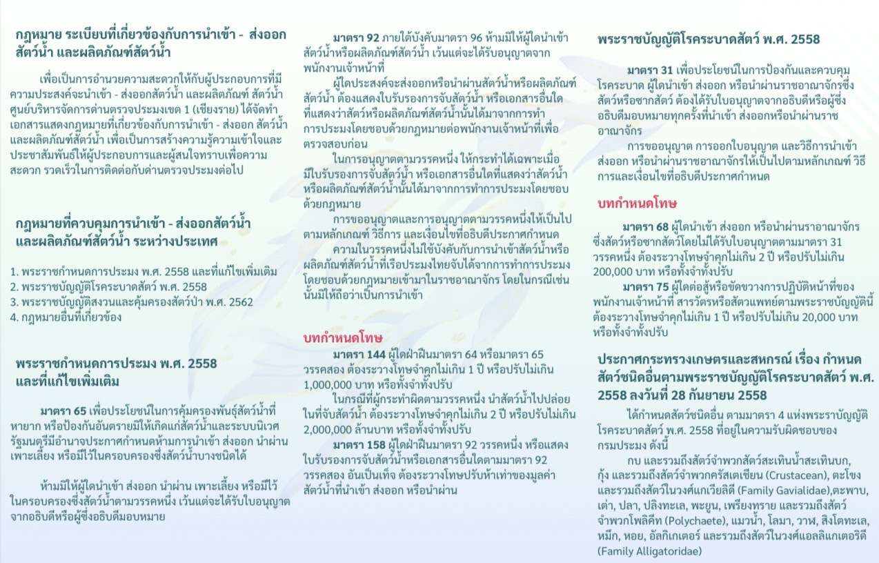 แผ่นพับประชาสัมพันธ์ กฎหมาย และระเบียบที่เกี่ยวข้องกับการนำเข้า - ส่งออกสัตว์น้ำ และผลิตภัณฑ์สัตว์น้ำ