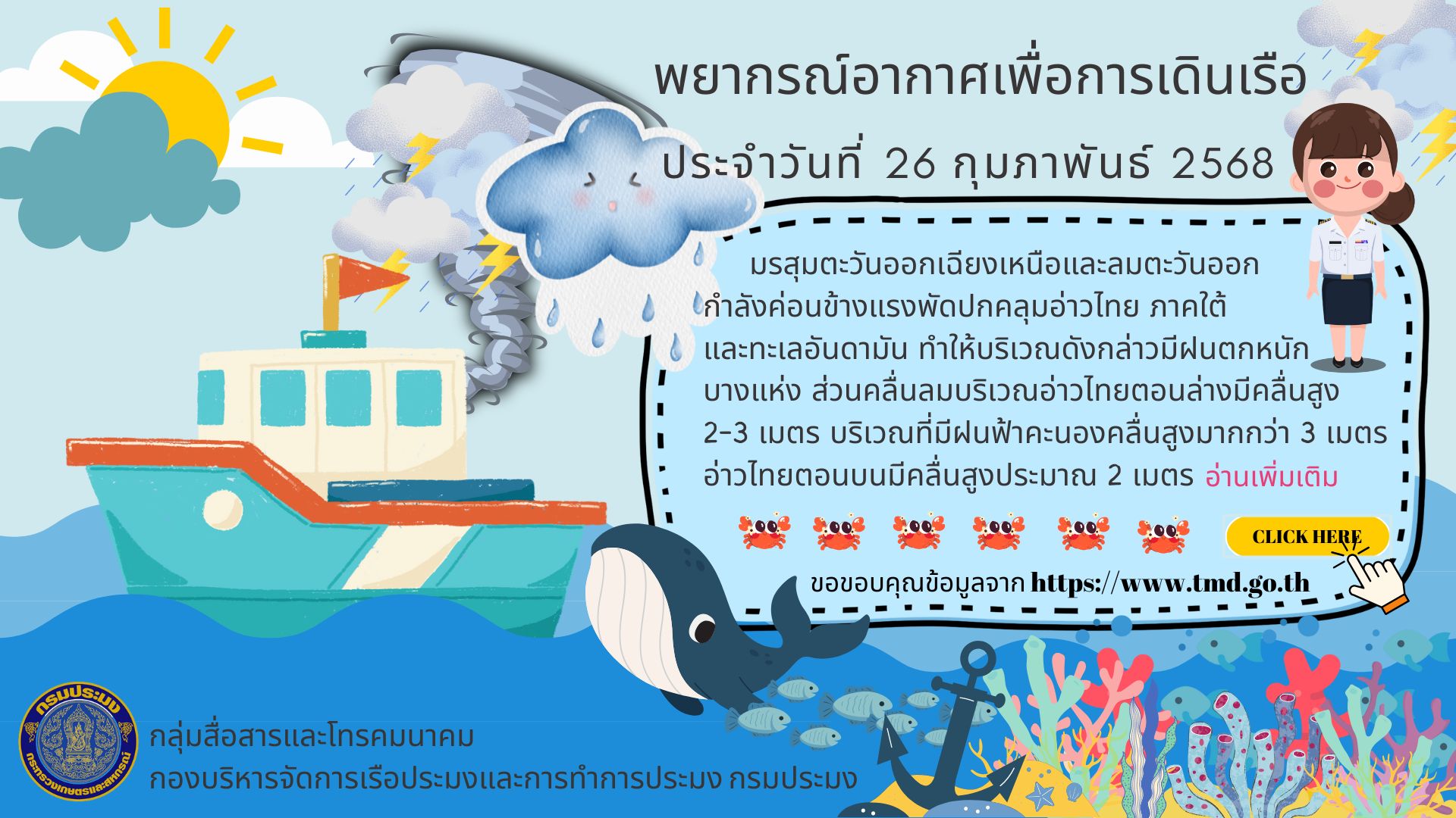 พยากรณ์อากาศเพื่อการเดินเรือ ประจำวันที่ 26 กุมภาพันธ์ 2568