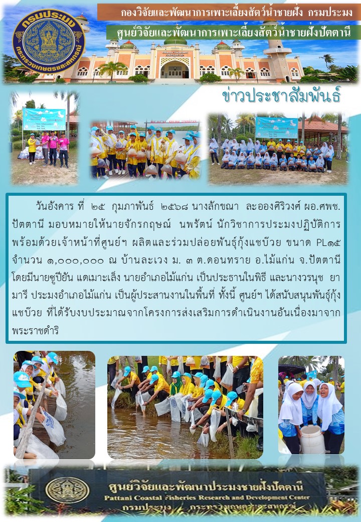 กิจกรรมปล่อยพันธุ์กุ้งแชบ๊วย จำนวน 1,000,000 ตัว  บริเวณบ้านละเวง ต.ดอนทราย อ.ไม้แก่น จ.ปัตตานี