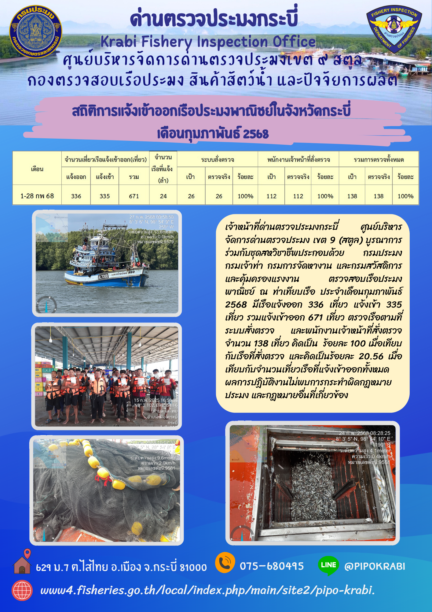 สถิติการแจ้งเข้าออกเรือประมงเดือนกุมภาพันธ์ 2568..คลิก