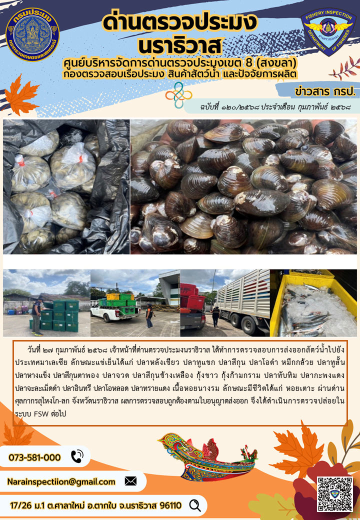 ประชาสัมพันธ์ด่านตรวจประมงนราธิวาส ประจำวันที่ 27 กุมภาพันธ์ 2568..คลิก