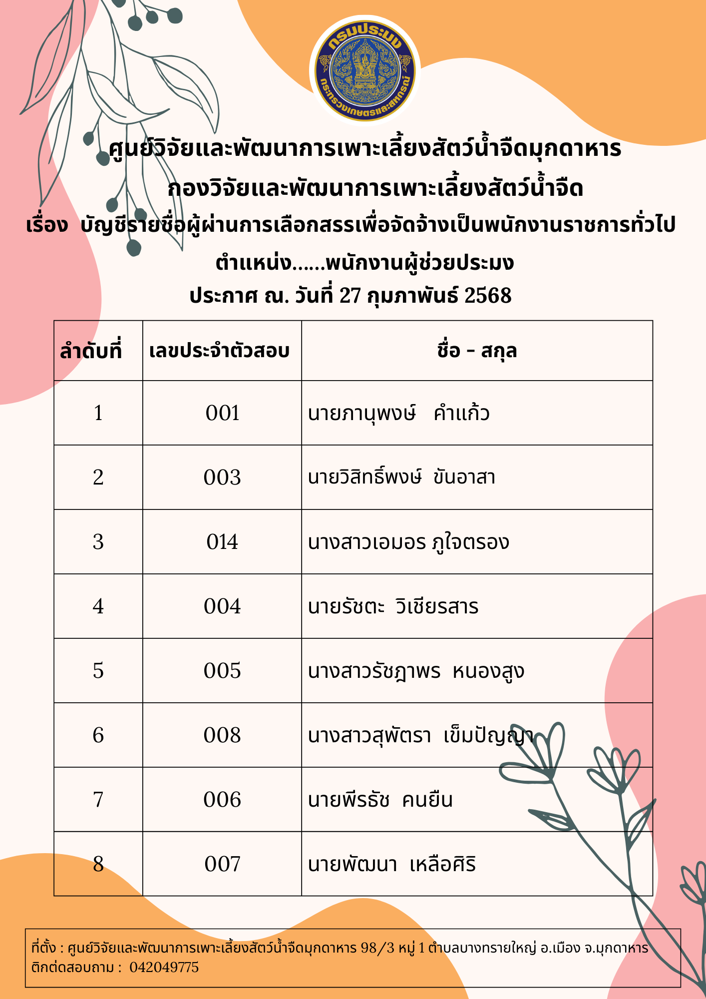 เรื่อง  บัญชีรายชื่อผู้ผ่านการเลือกสรรเพื่อจัดจ้างเป็นพนักงานราชการทั่วไป ตำแหน่ง……พนักงานผู้ช่วยประมง