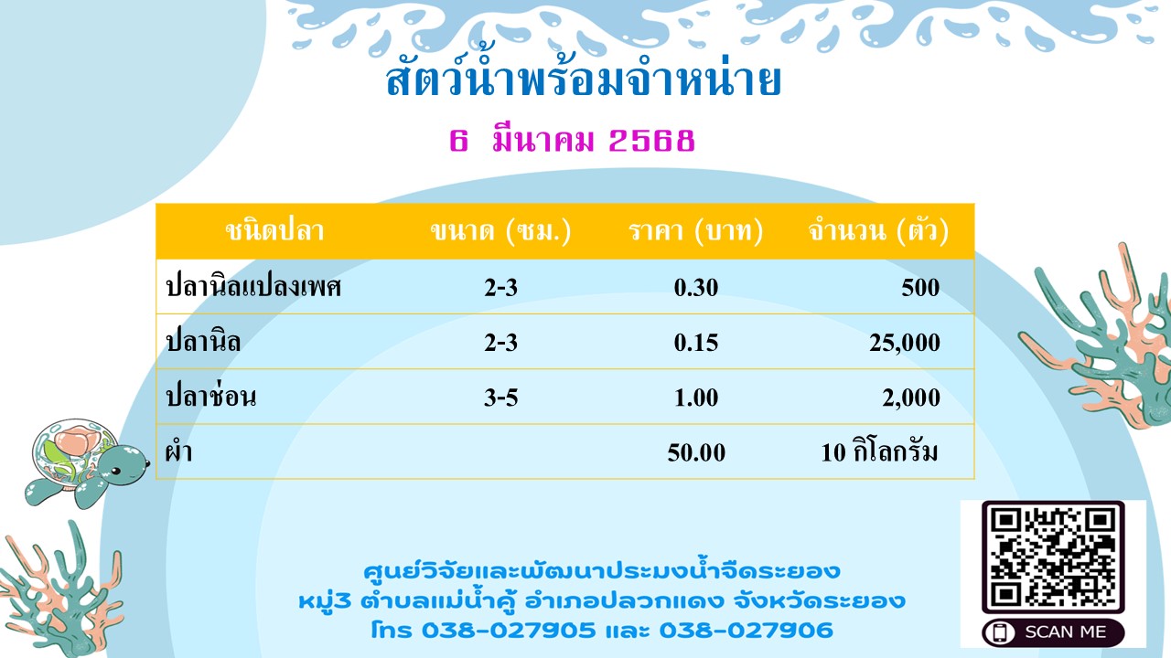 สัตว์น้ำพร้อมจำหน่าย วันที่ 6 มีนาคม 2568..คลิก