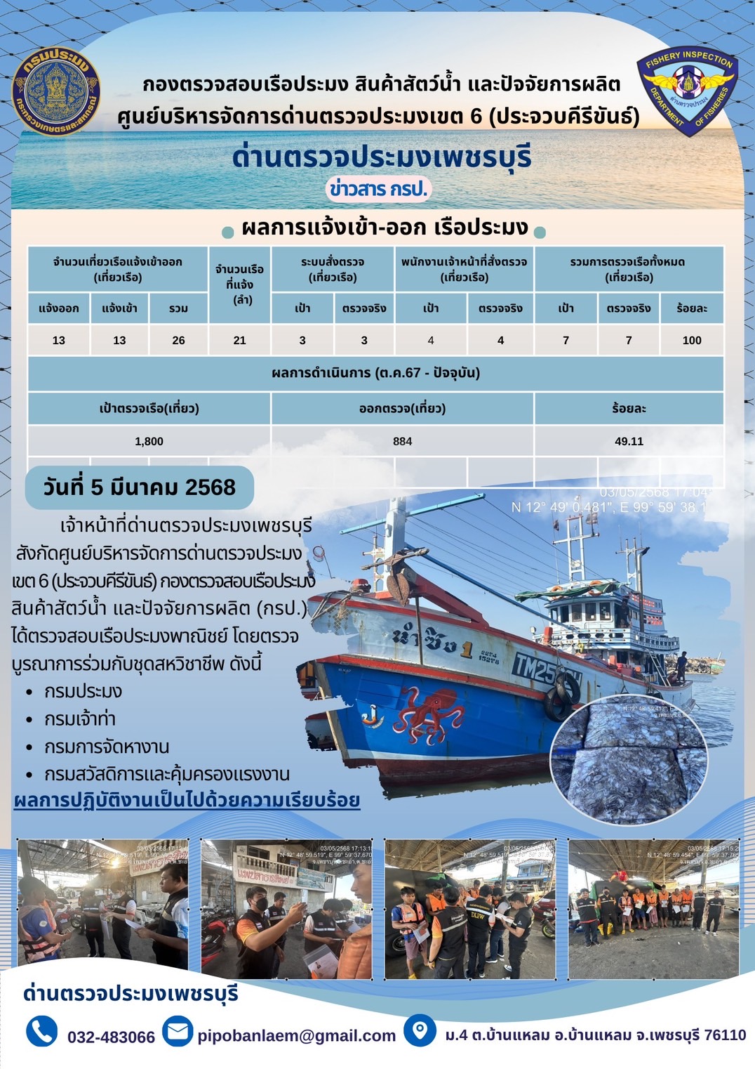 ตรวจสอบเรือประมงพาณิชย์ ณ ท่าเทียบเรือประมง