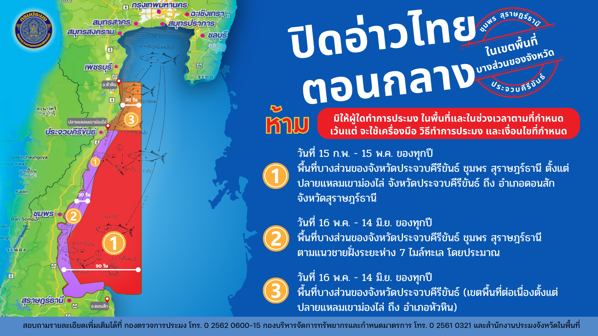 กำหนดพื้นที่และระยะเวลาฤดูสัตว์น้ำมีไข่ วางไข่ เลี้ยงตัวอ่อน พื้นที่ทะเลฝั่งอ่าวไทย ประจำปี พ.ศ. ๒๕๖๘