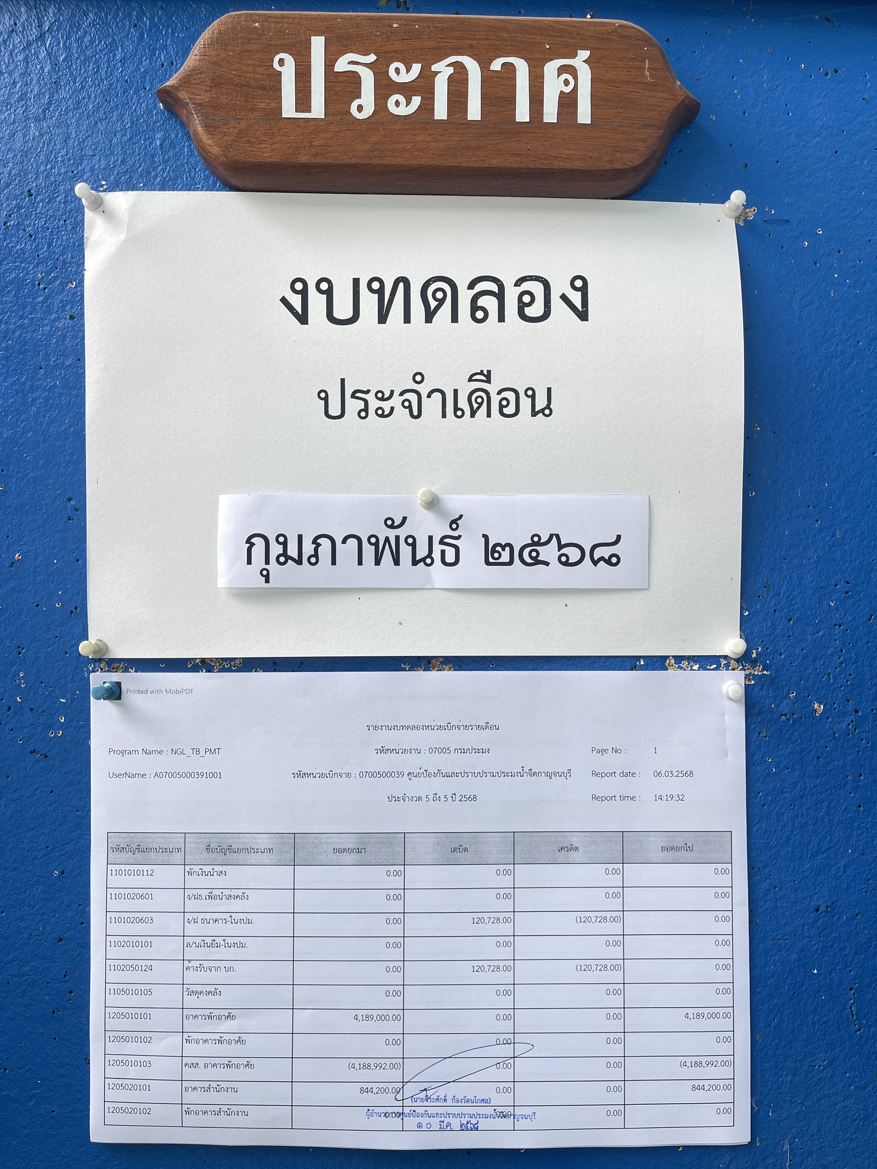 รายงานงบทดลอง ปีงบประมาณ 2568 ประจำเดือน กุมภาพันธ์ 2568