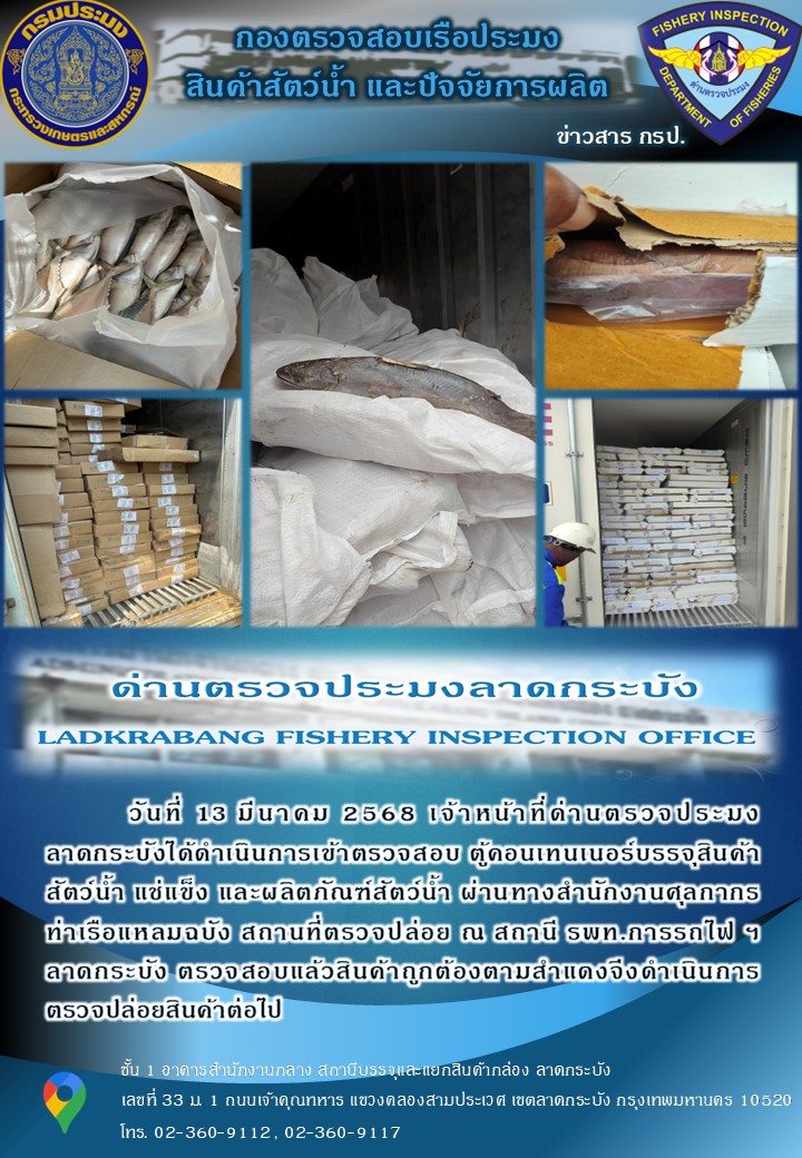 ตรวจสอบสินค้าสัตว์น้ำนำเข้าประจำวันที่ 13 มีนาคม 2568