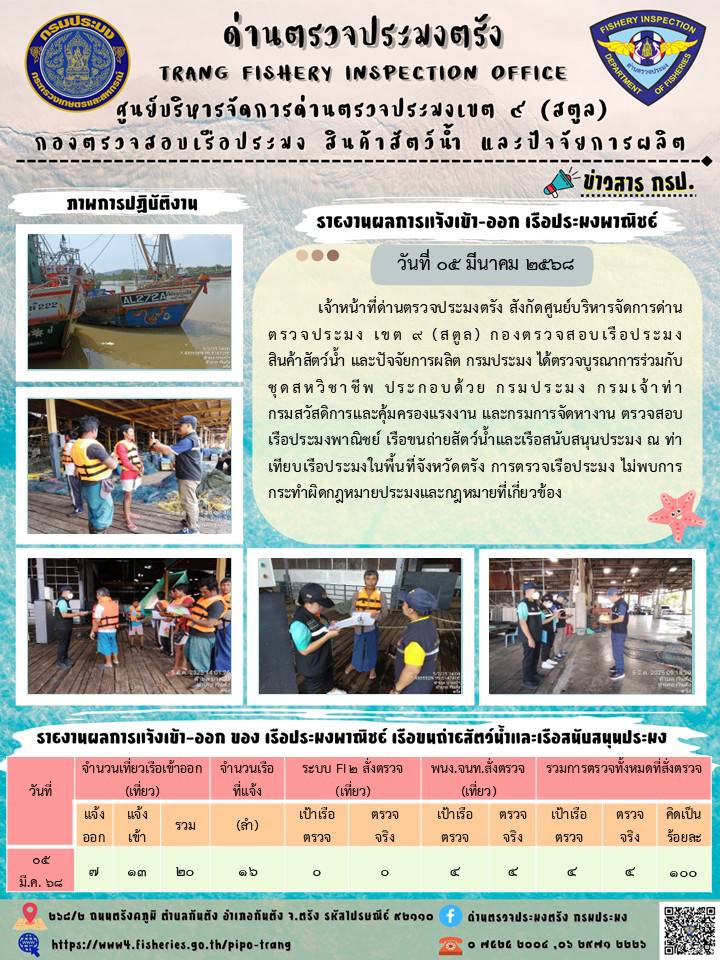 #ผลการแจ้งเข้าออกและการตรวจสอบเรือประมงพาณิชย์