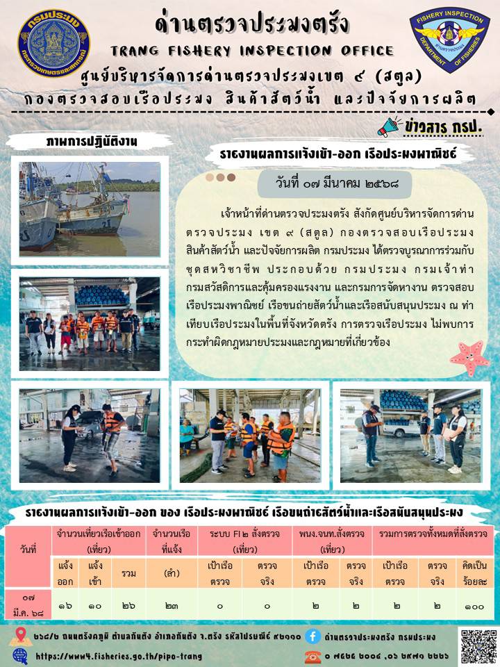 #ผลการแจ้งเข้าออกและการตรวจสอบเรือประมงพาณิชย์
