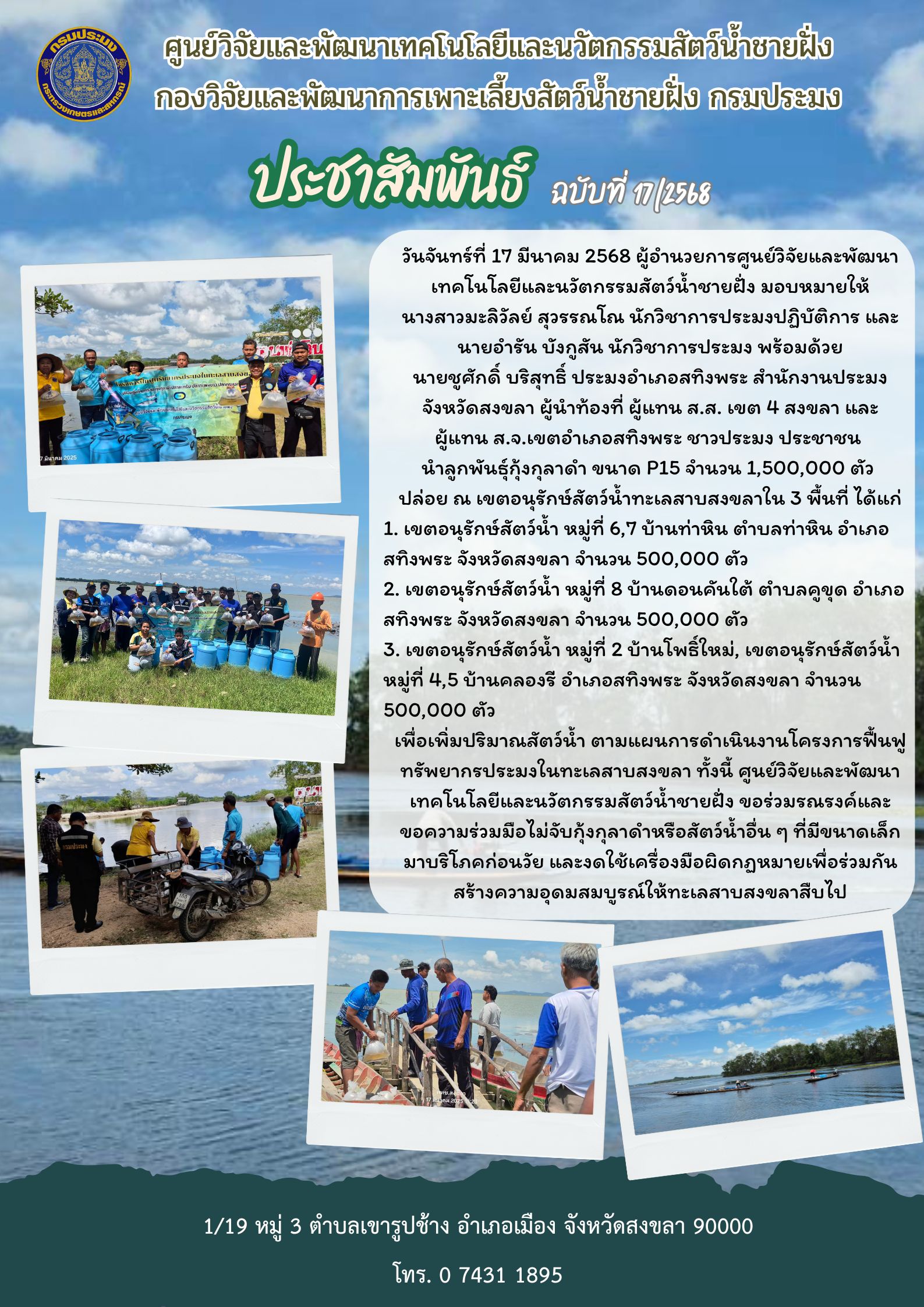 ปล่อยลูกพันธุ์กุ้งกุลาดำ ขนาด P15 จำนวน 1,500,000 ตัว