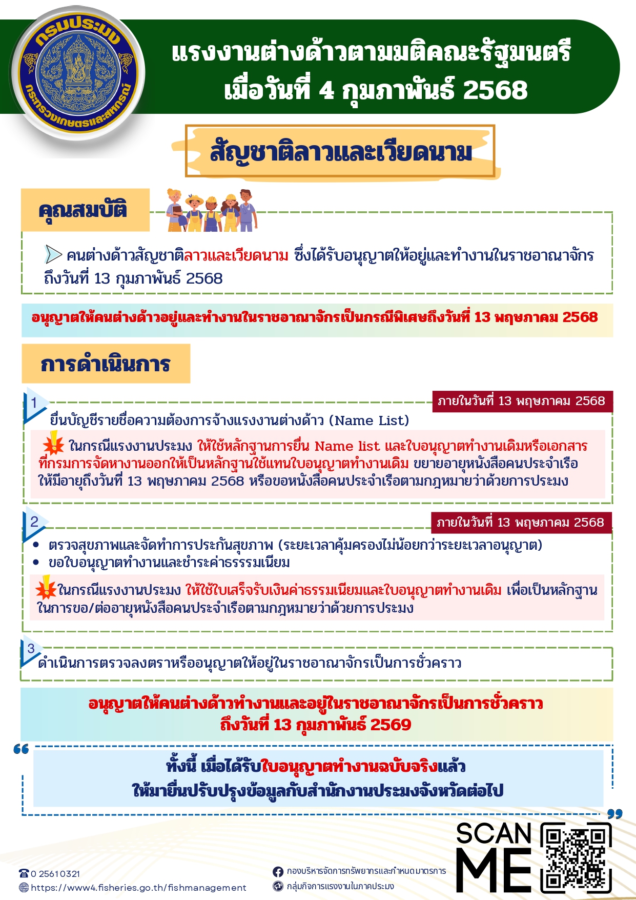 การดำเนินการของคนต่างด้าวสัญชาติลาวและเวียดนาม ซึ่งได้รับอนุญาตให้อยู่และทำงานในราชอาณาจักร ถึงวันที่ 13 กุมภาพันธ์ 2568 ตามมติคณะรัฐมนตรี เมื่อวันที่ 4 กุมภาพันธ์ 2568..คลิก