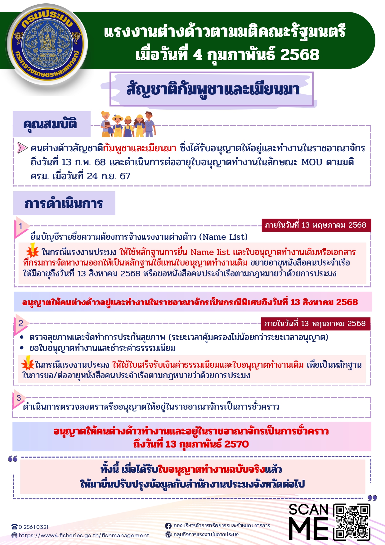 การดำเนินการของคนต่างด้าวสัญชาติกัมพูชาและเมียนมา ซึ่งได้รับอนุญาตให้อยู่และทำงานในราชอาณาจักร ถึงวันที่ 13 กุมภาพันธ์ 2568 และดำเนินการต่ออายุใบอนุญาตทำงานในลักษณะ MOU (ตามมติ ครม. 24 ก.ย. 67) ตามมติคณะรัฐมนตรี เมื่อวันที่ 4 กุมภาพันธ์ 2568..คลิก