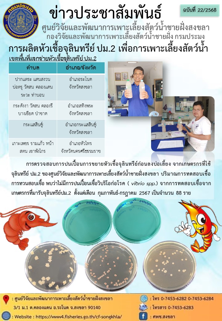 ข่าวประชาสัมพันธ์ การผลิตหัวเชื้อจุลินทรีย์ ปม.2 เพื่อการเพาะเลี้ยงสัตว์น้ำ