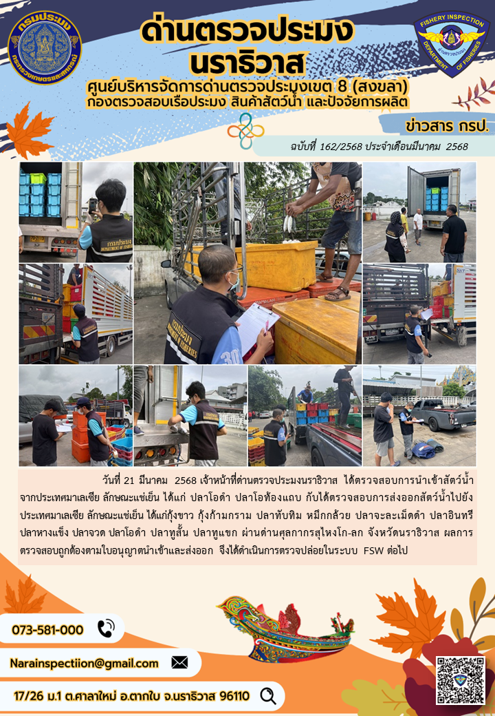 ประชาสัมพันธ์ด่านตรวจประมงนราธิวาส ประจำวันที่ 21 มีนาคม  2568