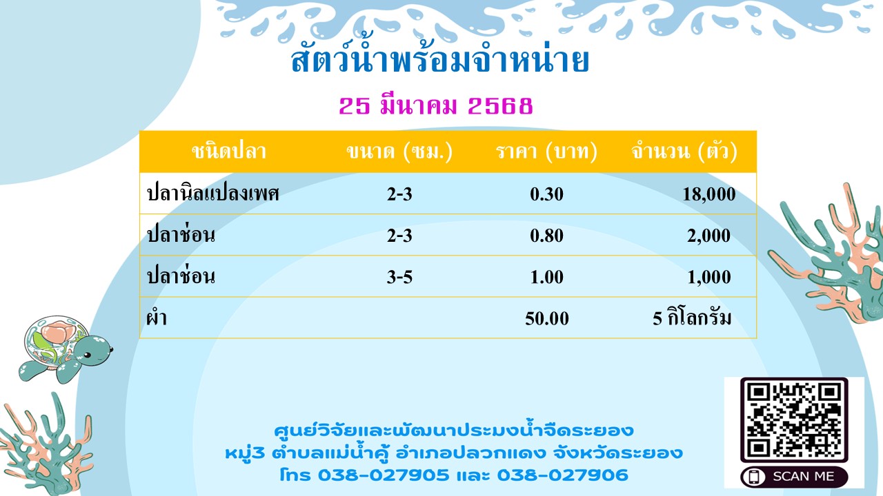 สัตว์น้ำพร้อมจำหน่าย วันที่ 25 มีนาคม 2568..คลิก