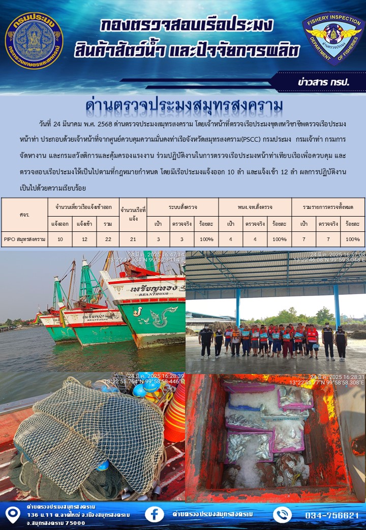 สถิติการแจ้งเข้า - ออกเรือประมงพาณิชย์ ด่านตรวจประมงสมุทรสงคราม ประจำวันที่ 24 มีนาคม 2568..คลิก