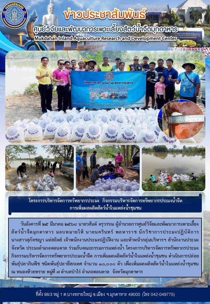 วันอังคารที่ 25 มีนาคม 2568 โครงการบริหารจัดการทรัพยากรประมง กิจกรรมบริหารจัดการทรัพยากรประมงน้ำจืด การเพิ่มผลผลิตสัตว์น้ำในแหล่งน้ำชุมชน ดำเนินการปล่อยพันธุ์ปลากินพืช ชนิดพันธุ์ปลายี่สกเทศ จำนวน 10,000 ตัว เพื่อเพิ่มผลผลิตสัตว์น้ำในแหล่งน้ำชุมชน ณ หนองห้วยทราย หมู่ที่ 7 ตำบลป่าไร่ อำเภอดอนตาล  จังหวัดมุกดาหาร..คลิก