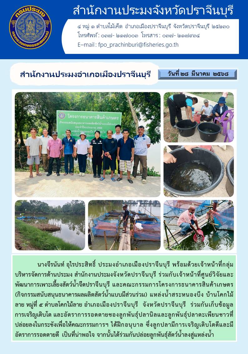 ข่าวประชาสัมพันธ์ สำนักงานประมงอำเภอเมืองปราจีนบุรี ร่วมกันเก็บข้อมูล การเจริญเติบโต และอัตราการรอดตายของลูกพันธุ์ปลานิลและลูกพันธุ์ปลาตะเพียนชาวที่ ปล่อยลงในกระชัง..คลิก