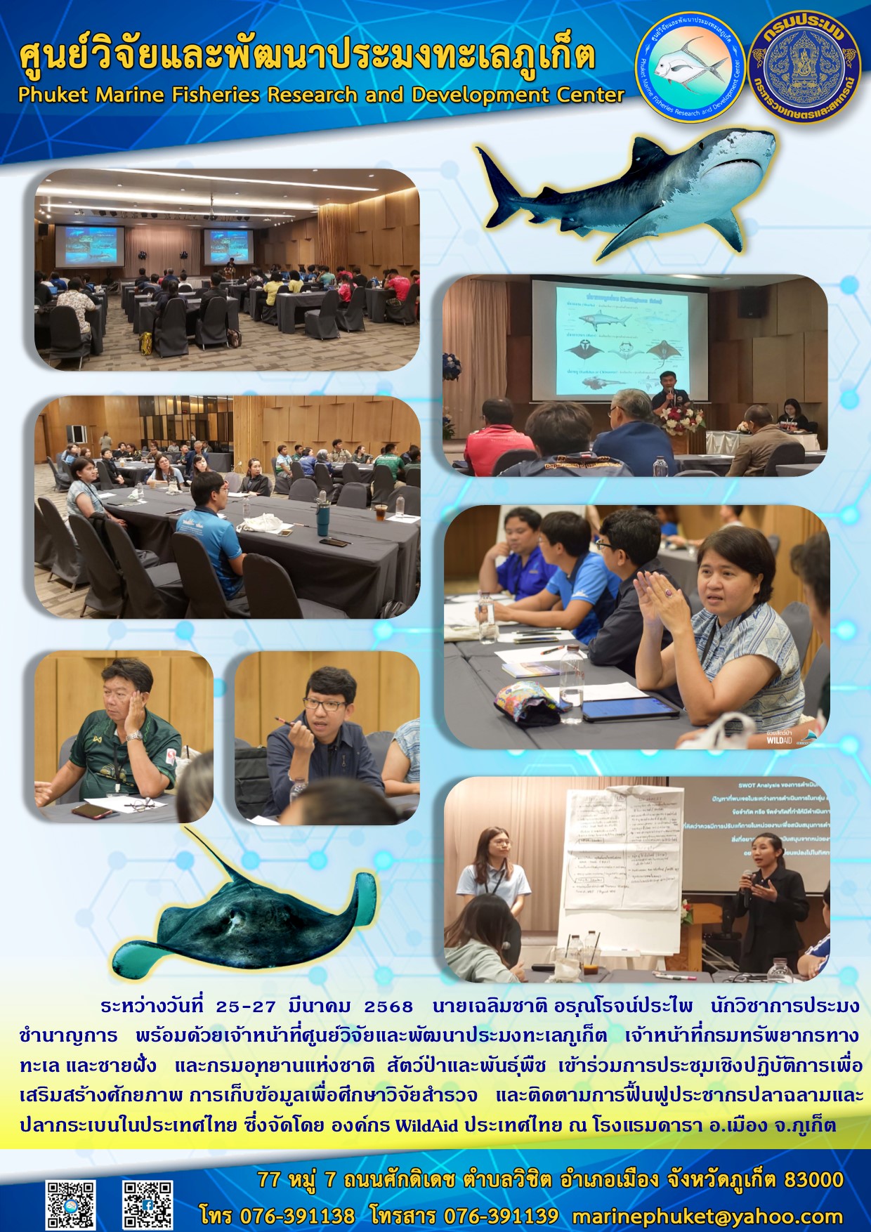 ระหว่างวันที่ 25-27 มีนาคม 2568 เจ้าหน้าที่ศูนย์วิจัยและพัฒนาประมงทะเลภูเก็ต  เข้าร่วมการประชุมเชิงปฏิบัติการเพื่อเสริมสร้างศักยภาพการเก็บข้อมูลเพื่อศึกษาวิจัยสำรวจและติดตามการฟื้นฟูประชากรปลาฉลามและปลากระเบนในประเทศไทย