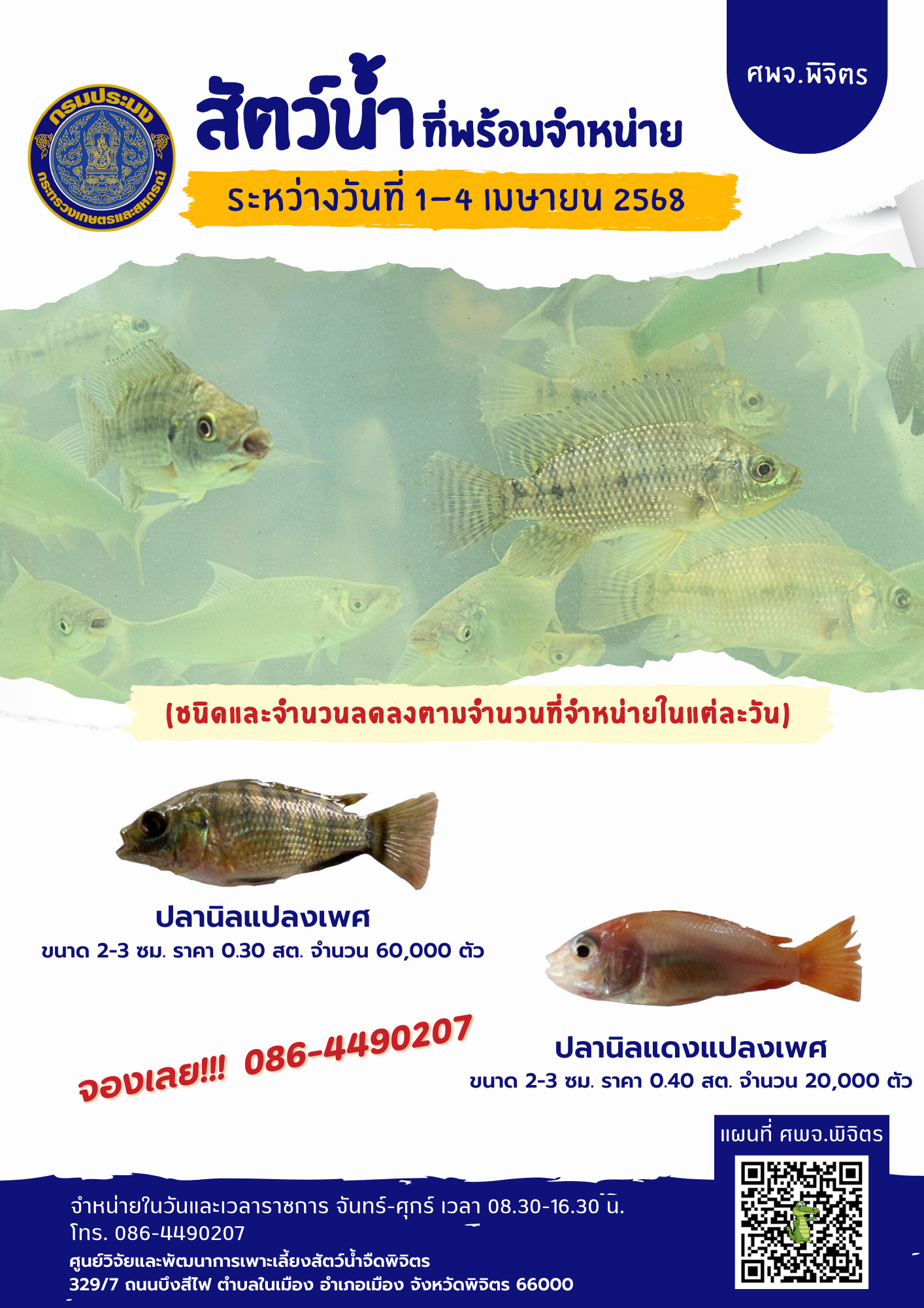 สัตว์น้ำที่พร้อมจำหน่าย วันที่ 1-4 เมษายน 2568..คลิก
