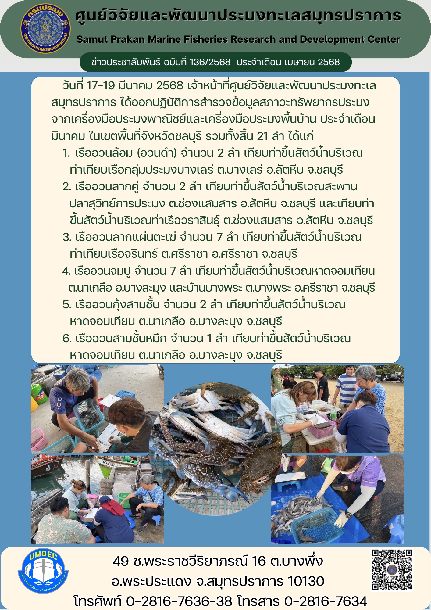 เจ้าหน้าที่ศูนย์วิจัยและพัฒนาประมงทะเลสมุทรปราการ ได้ออกปฏิบัติการสำรวจข้อมูลสภาวะทรัพยากรประมงจากเครื่องมือประมงพาณิชย์และเครื่องมือประมงพื้นบ้าน ประจำเดือนมีนาคม ในเขตพื้นที่จังหวัดชลบุรี..คลิก