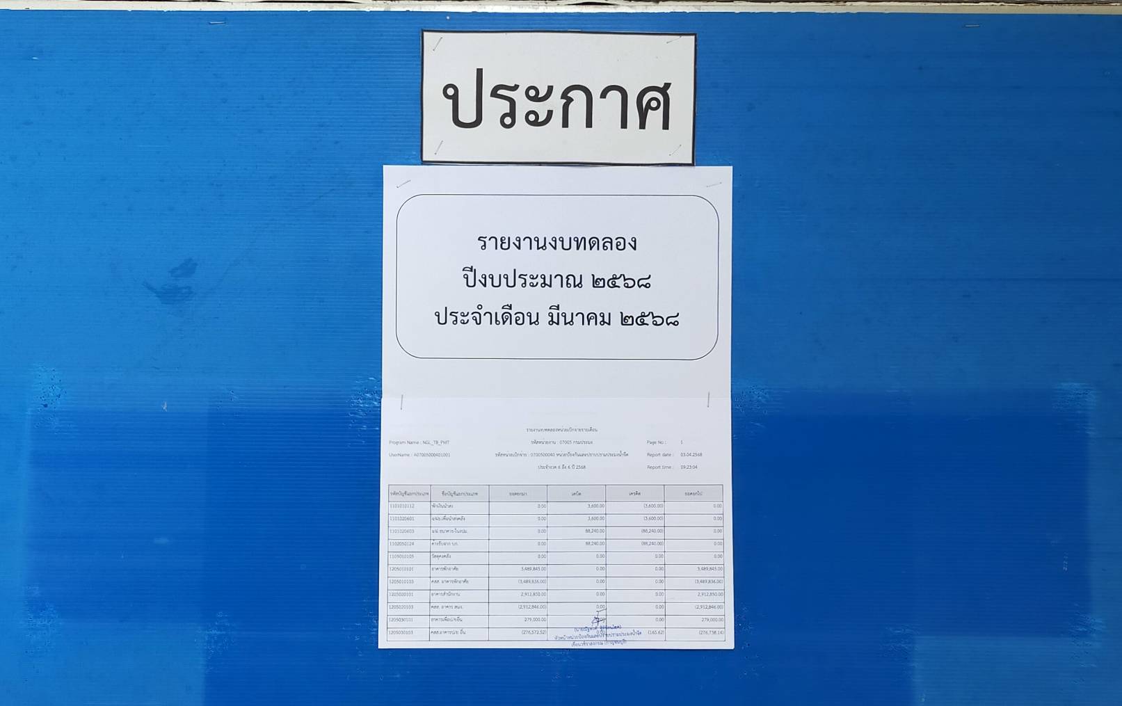 รายงานงบทดลองหน่วยเบิกจ่ายรายเดือน มีนาคม 2568