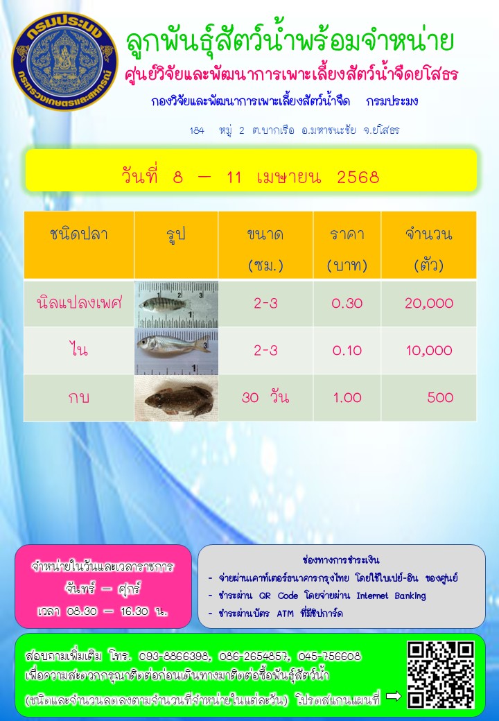 ลูกพันธุ์สัตว์น้ำพร้อมจำหน่าย 8 - 11 เม.ย. 2568