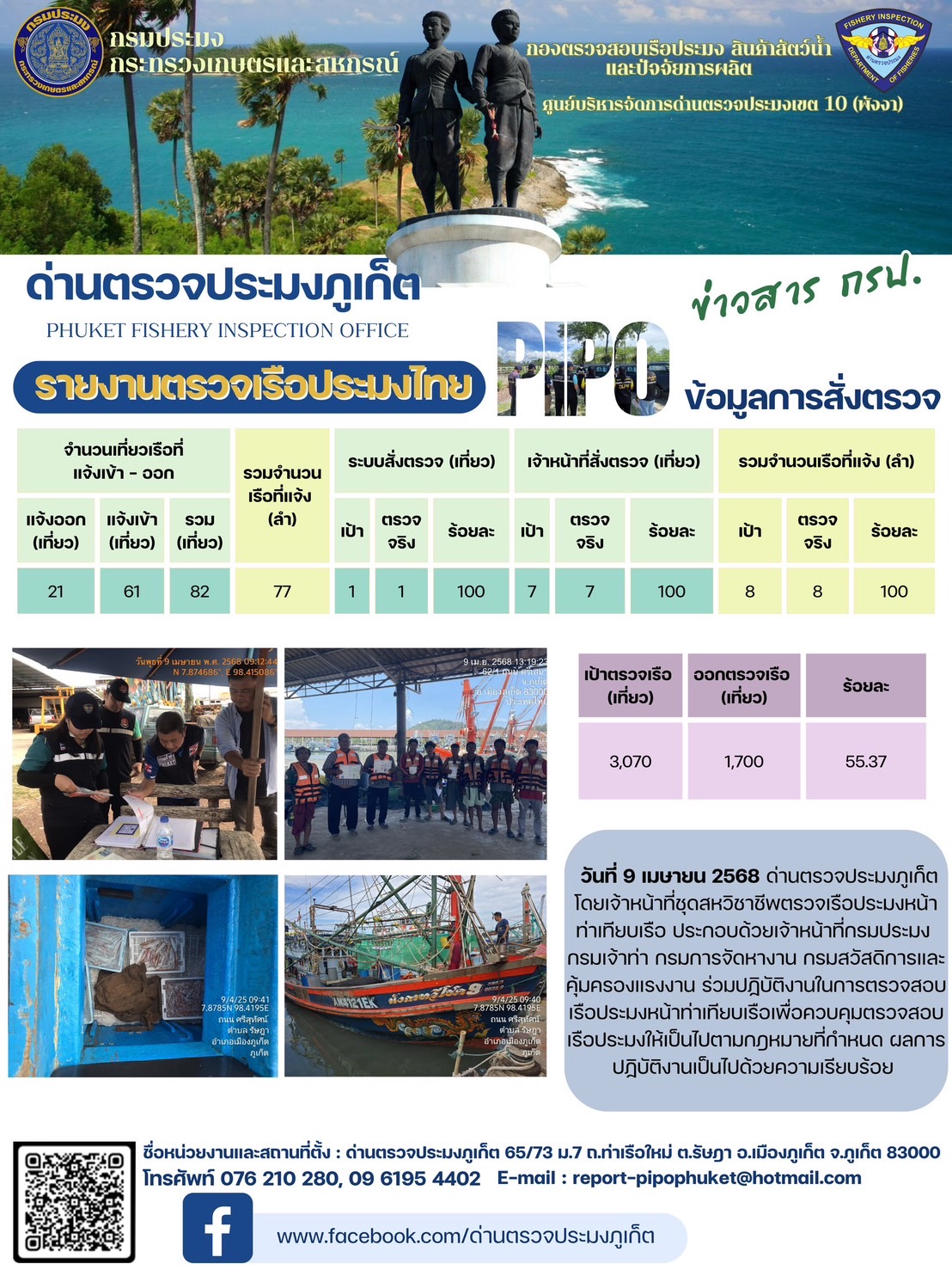 ข่าวประชาสัมพันธ์กิจกรรมการตรวจเรือประมงพาณิชย์แจ้งเข้า - ออก วันที่ 9 เมษายน 2568..คลิก