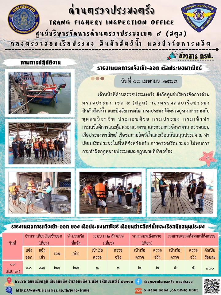 ประชาสัมพันธ์การปฏิบัติงานศูนย์บริหารจัดการด่านตรวจประมงเขต 9 (สตูล) ประจำวันที่ 6-10 เมษายน 2568..คลิก