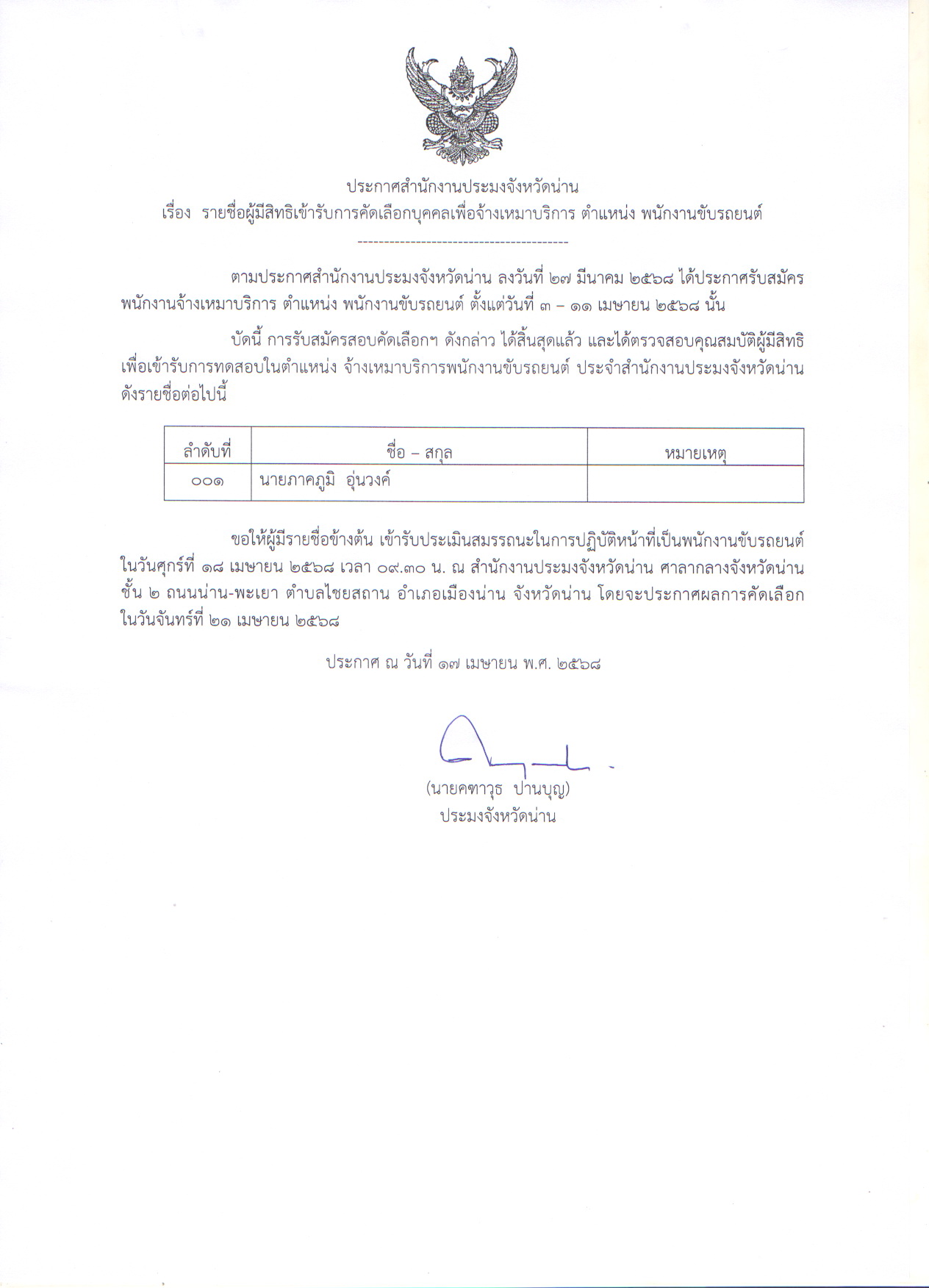 ประกาศสำนักงานประมงจังหวัดน่าน เรื่อง รายชื่อผู้มีสิทธิเข้ารับการคัดเลือกบุคคลเพื่อจ้างเหมาบริการ ตำแหน่ง พนักงานขับรถยนต์