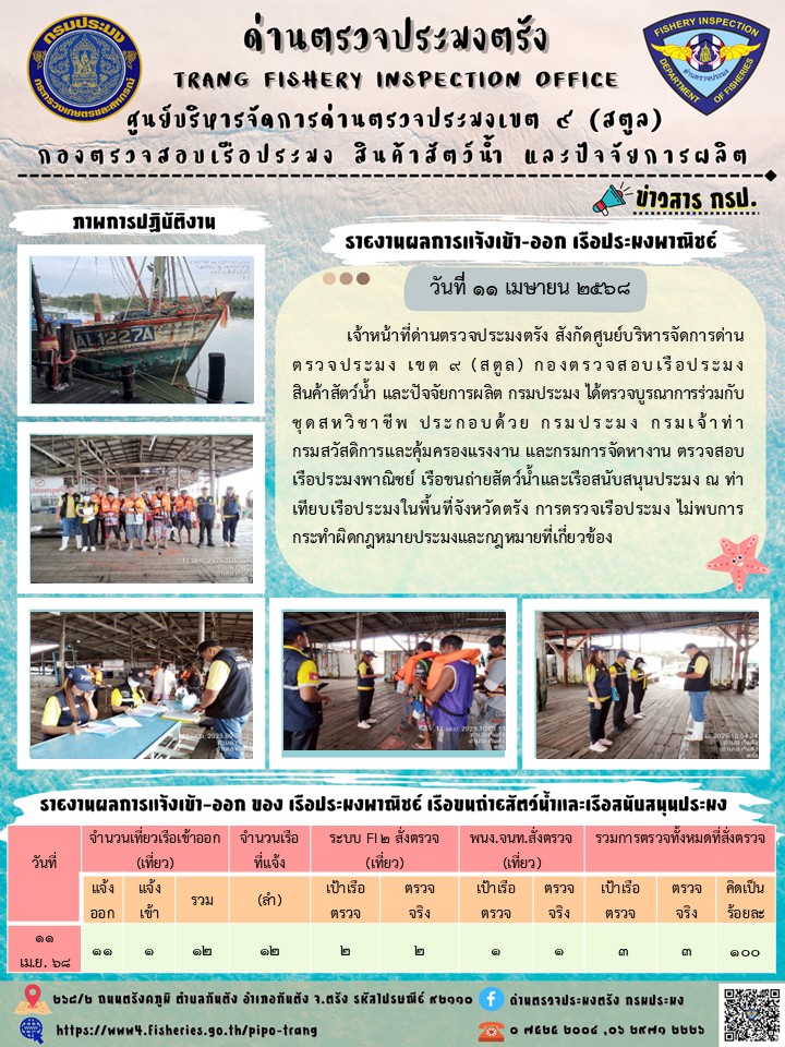 ประชาสัมพันธ์การปฏิบัติงานศูนย์บริหารจัดการด่านตรวจประมงเขต 9 (สตูล) ประจำวันที่ 11-15 เมษายน 2568..คลิก