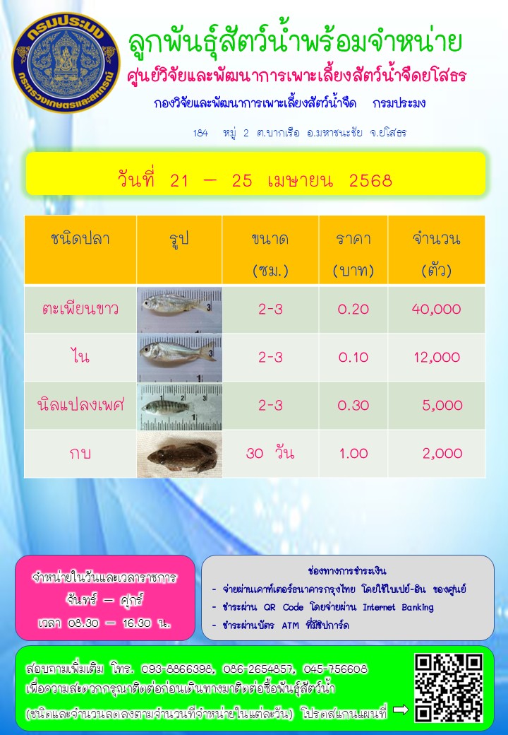 ลูกพันธุ์สัตว์น้ำพร้อมจำหน่าย 21 - 25 เม.ย. 2568