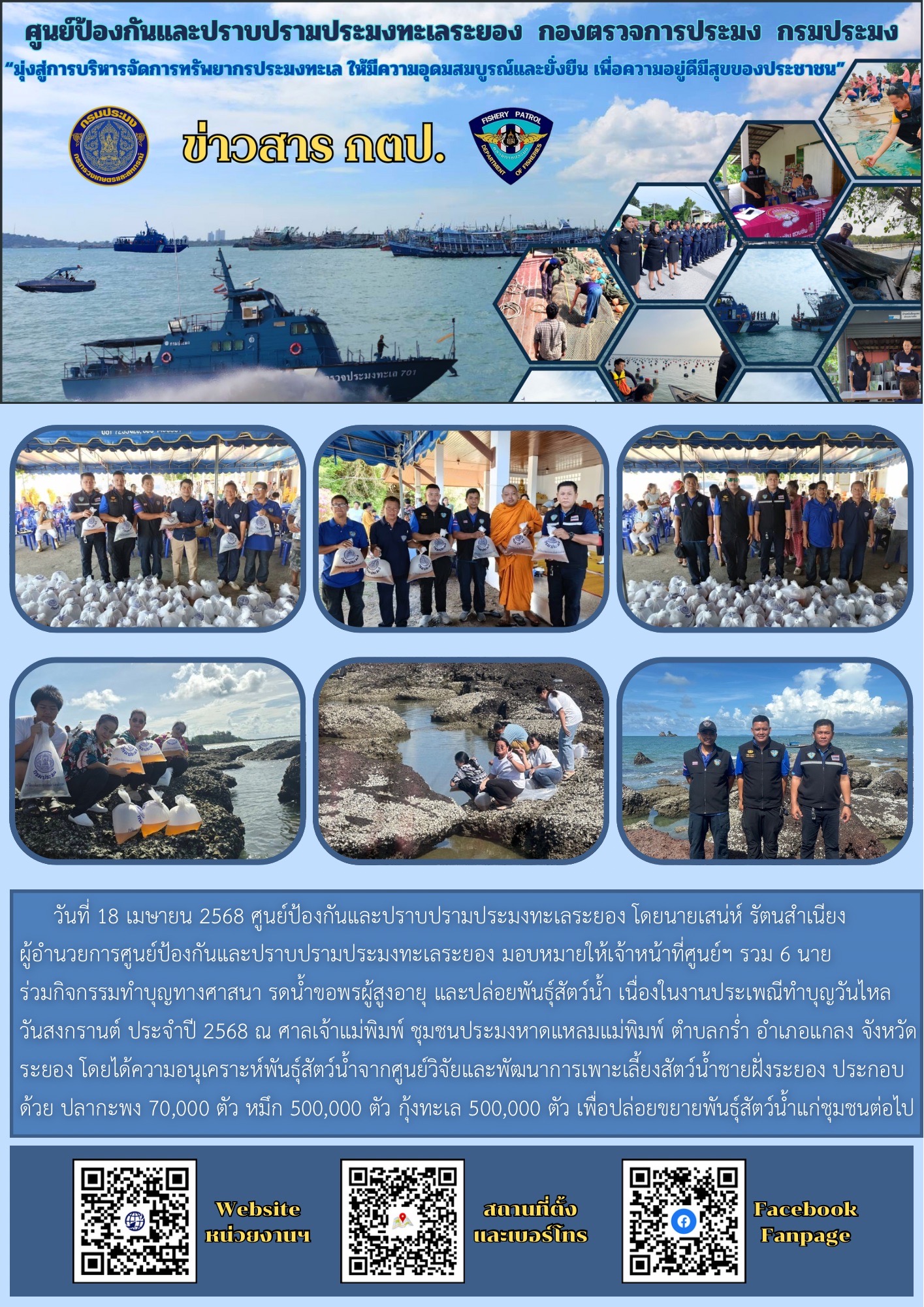 ร่วมกิจกรรมปล่อยพันธุ์สัตว์น้ำเนื่องในงานประเพณีทำบุญวันไหลวันสงกรานต์ ประจำปี 2568 ชุมชนประมงหาดแหลมแม่พิมพ์..คลิก